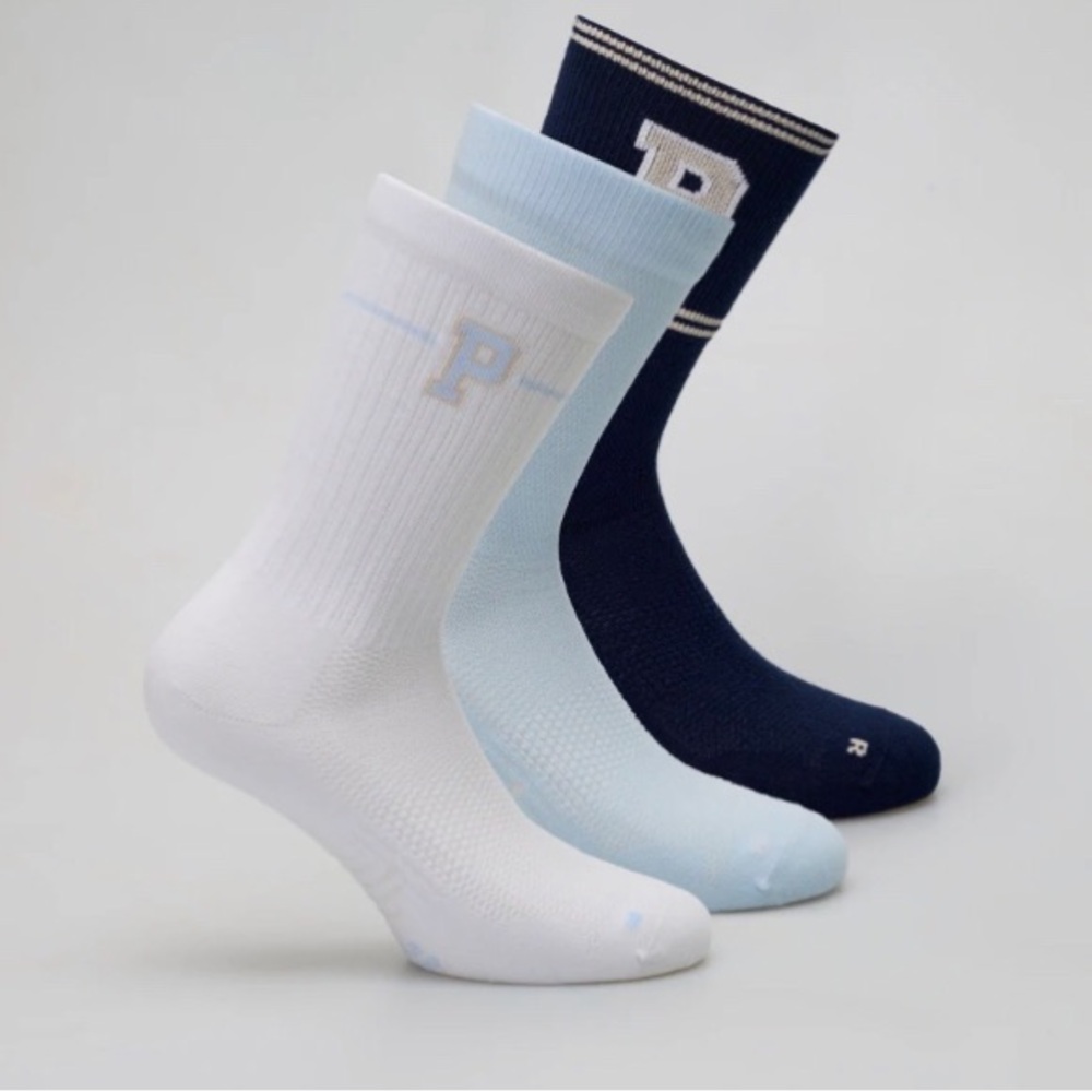 White, Light Blue, and Navy socks